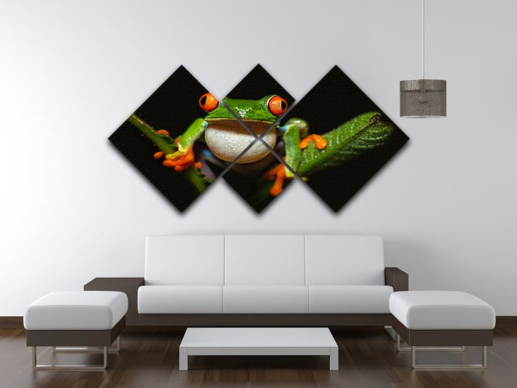 A vibrant multi-panel canvas artwork featuring a red-eyed tree frog, divided into four equal square sections, showcasing its colorful design.
