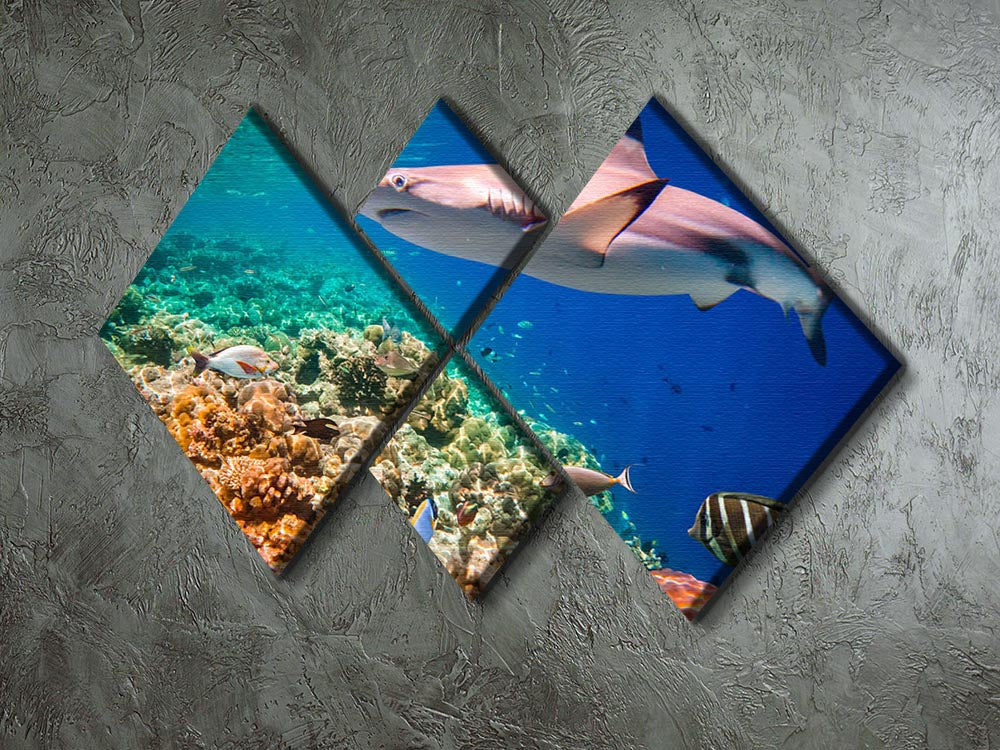 A vibrant 4-square canvas artwork depicting a colorful reef with various hard and soft corals and sharks swimming gracefully.