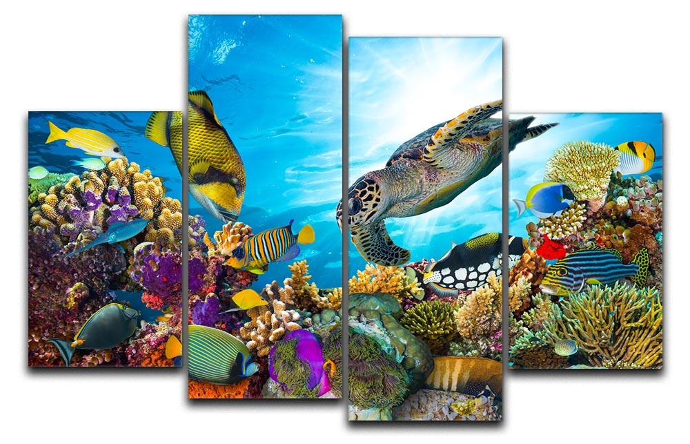 A vibrant 4-split canvas artwork depicting a colorful reef with various fishes and a sea turtle, showcasing ocean life.
