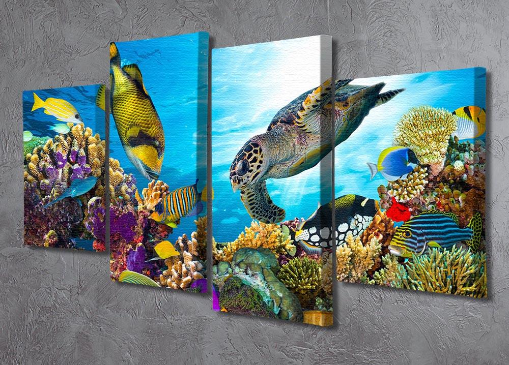 A vibrant 4-split canvas artwork depicting a colorful reef with various fishes and a sea turtle, showcasing ocean life.