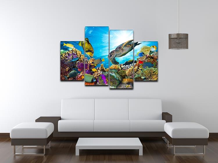 A vibrant 4-split canvas artwork depicting a colorful reef with various fishes and a sea turtle, showcasing ocean life.