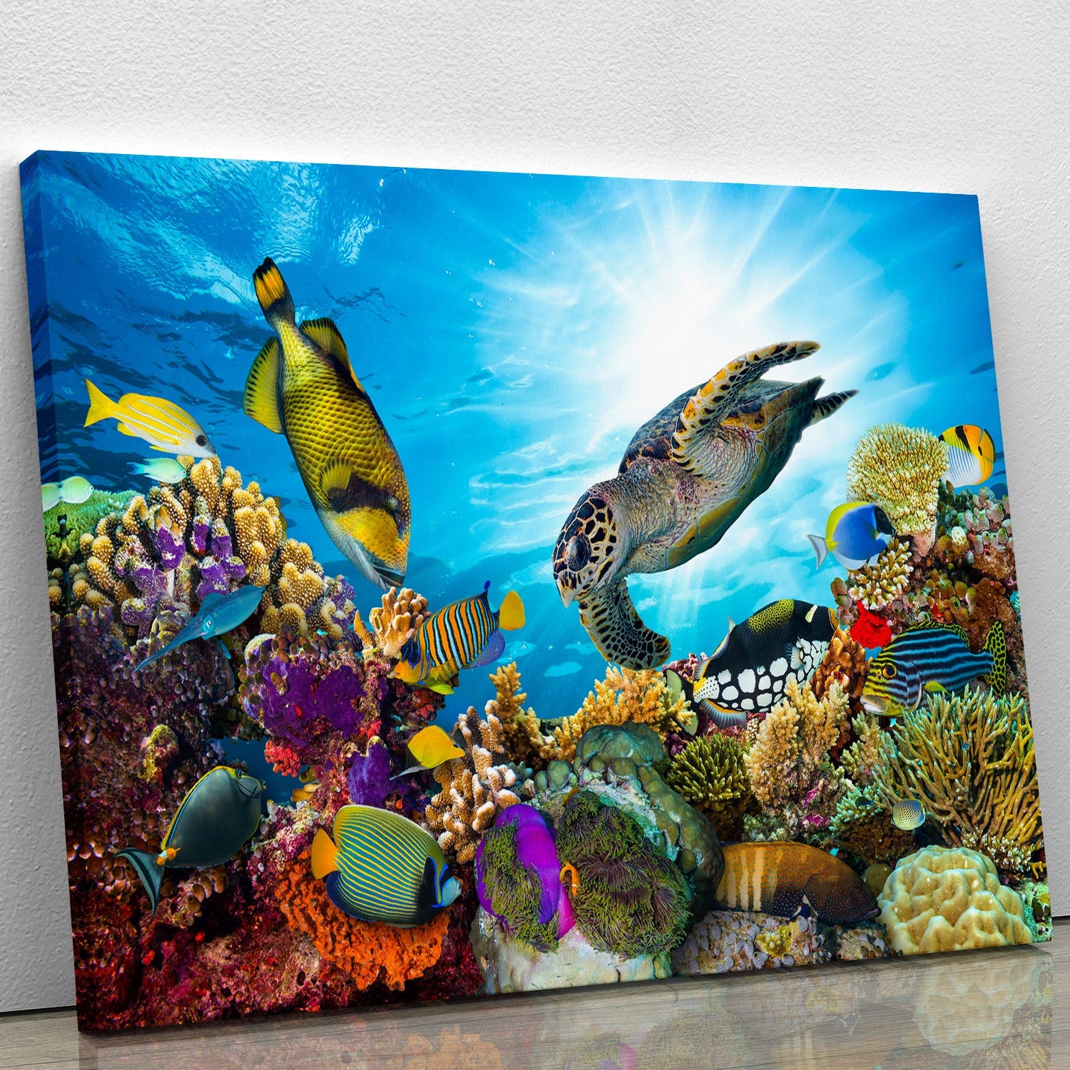A vibrant canvas print featuring a sea turtle surrounded by colorful fishes in a coral reef setting.