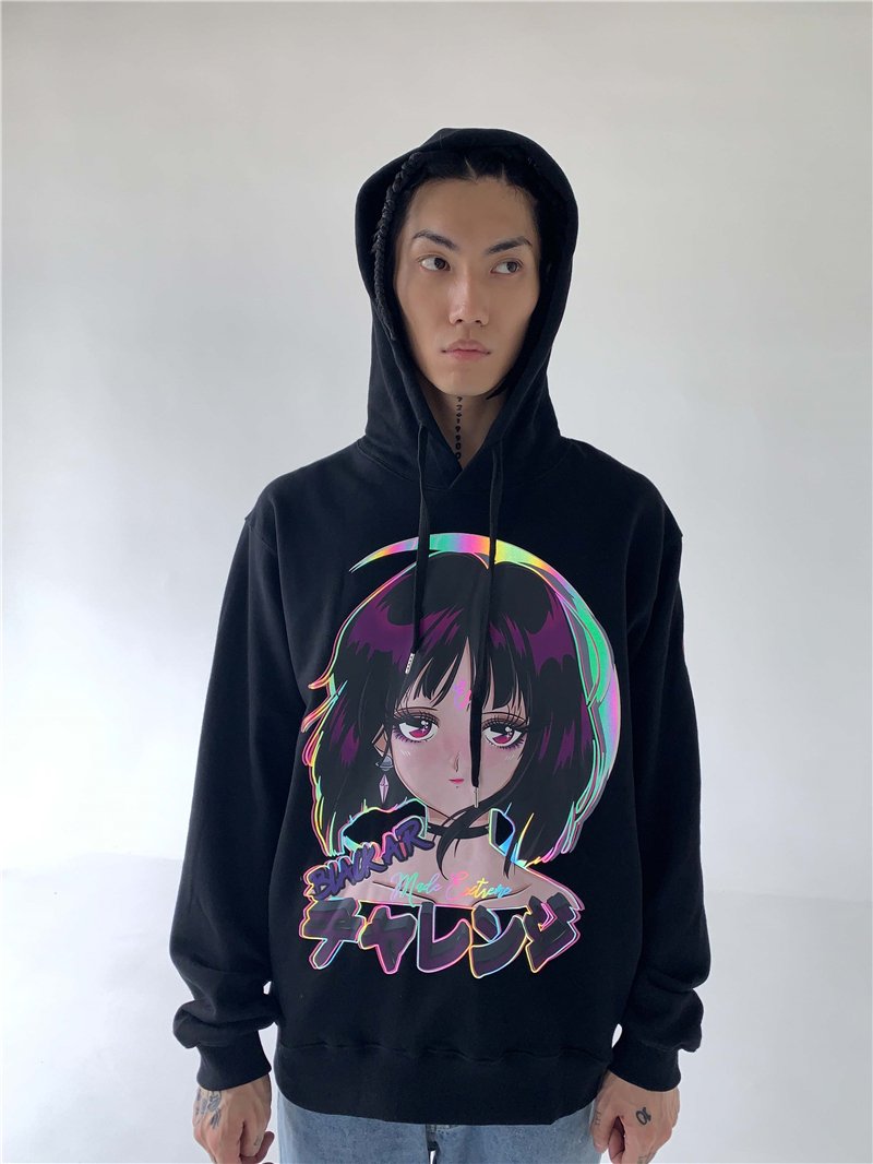 Reflective Anime Hooded Sweatshirt featuring vibrant cartoon designs, suitable for both men and women, made from soft cotton material.