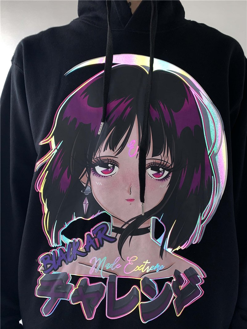 Reflective Anime Hooded Sweatshirt featuring vibrant cartoon designs, suitable for both men and women, made from soft cotton material.