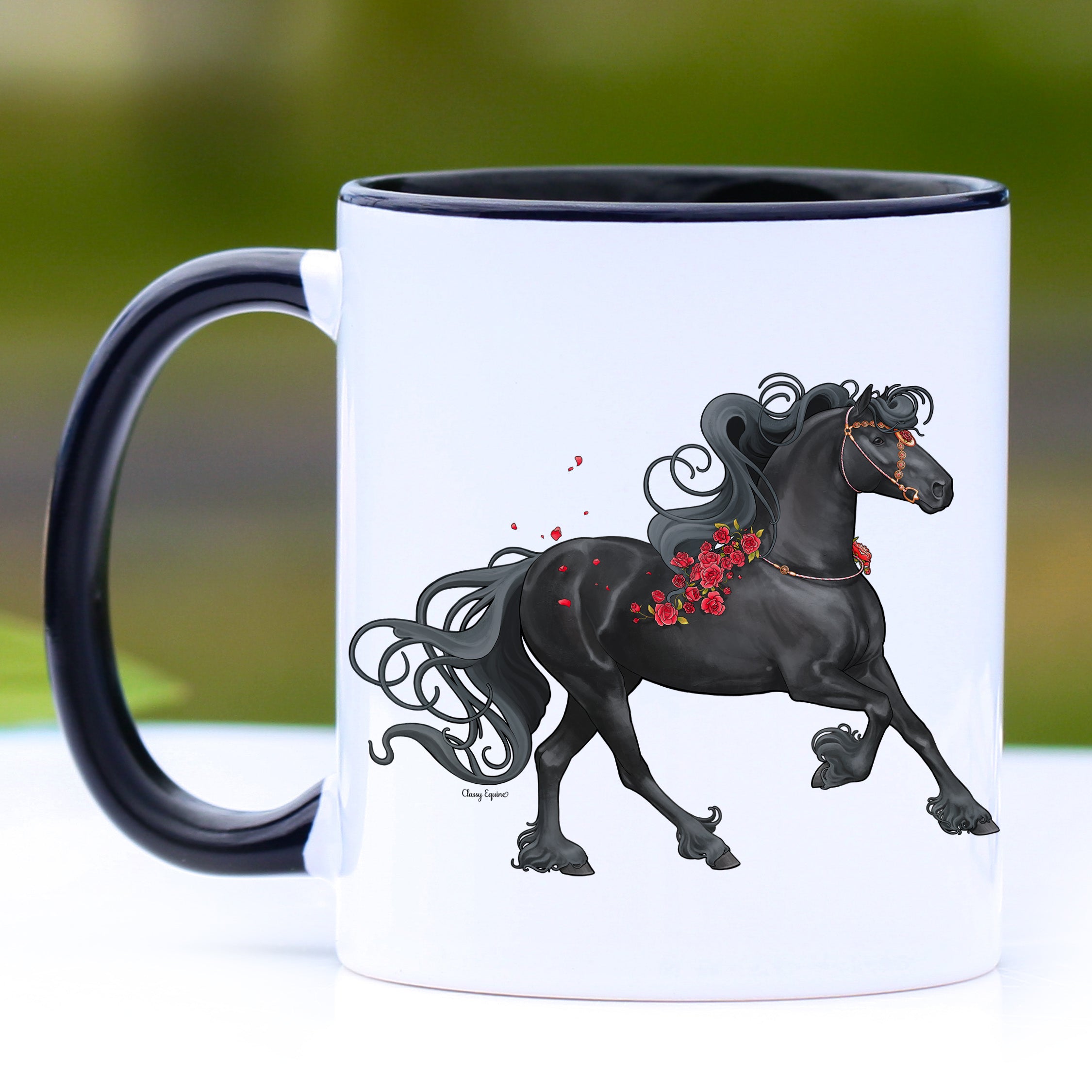 Regal Red Rose Friesian Horse Coffee Mug with black handle and interior, featuring a tribal design of a Friesian horse and red roses.