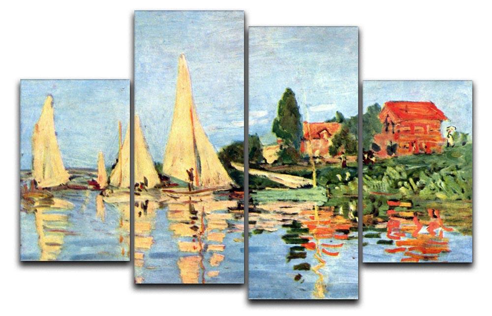Regatta at Argenteuil by Monet, a 4-split canvas artwork showcasing vibrant colors and dynamic brush strokes.