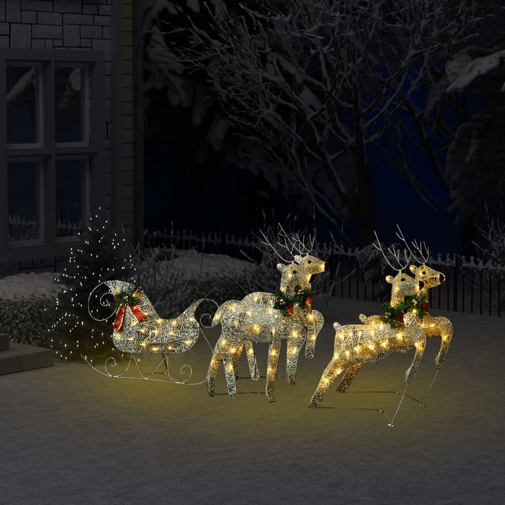 Outdoor Christmas decoration featuring a gold reindeer and sleigh illuminated with 100 warm white LED lights, perfect for festive displays.