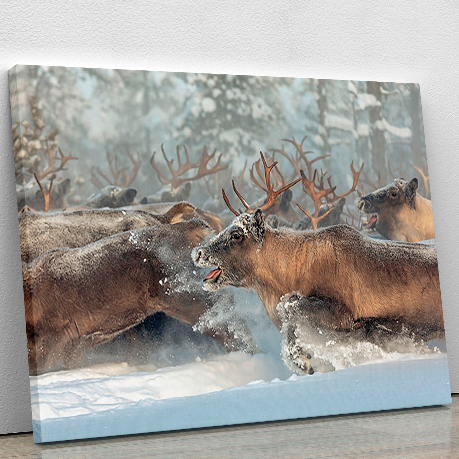 Reindeers III Canvas Print showcasing majestic reindeers in a beautiful landscape, perfect for home decor.