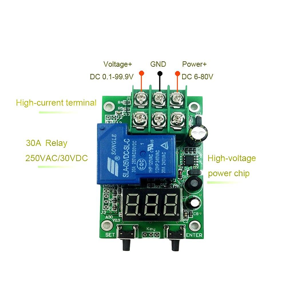 Relay Switch Controller for DC voltage detection, featuring a digital display and compact design, suitable for various electrical projects.