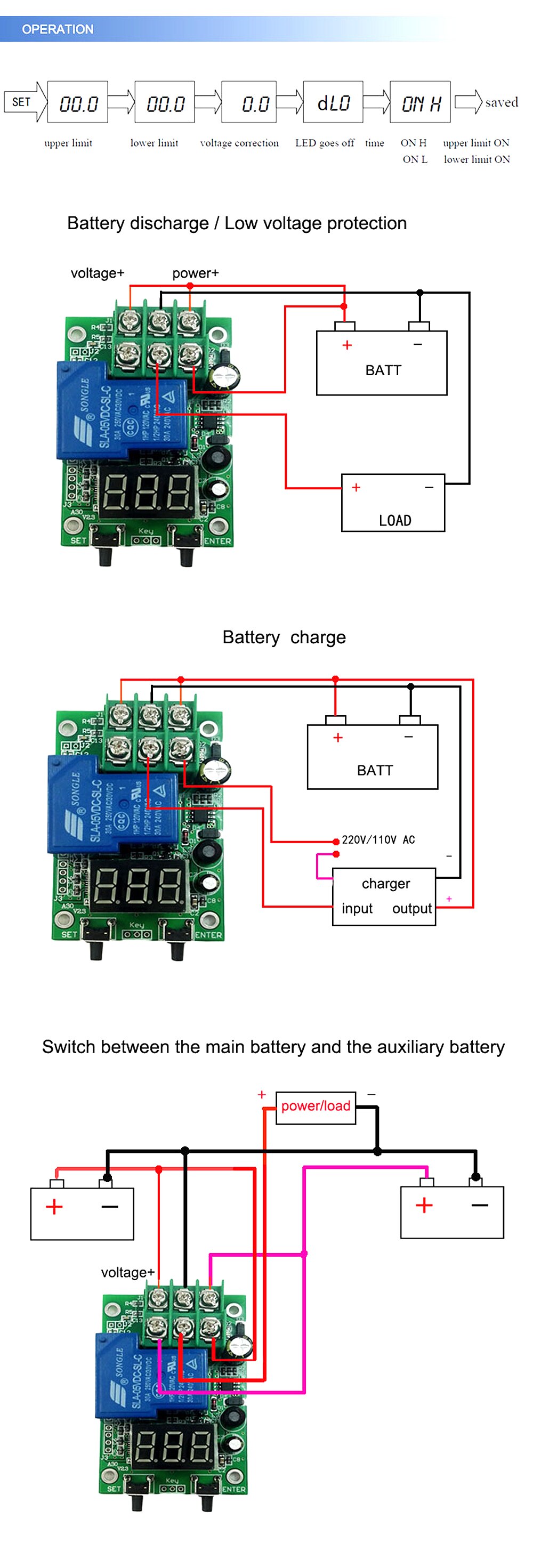 Relay Switch Controller for DC voltage detection, featuring a digital display and compact design, suitable for various electrical projects.