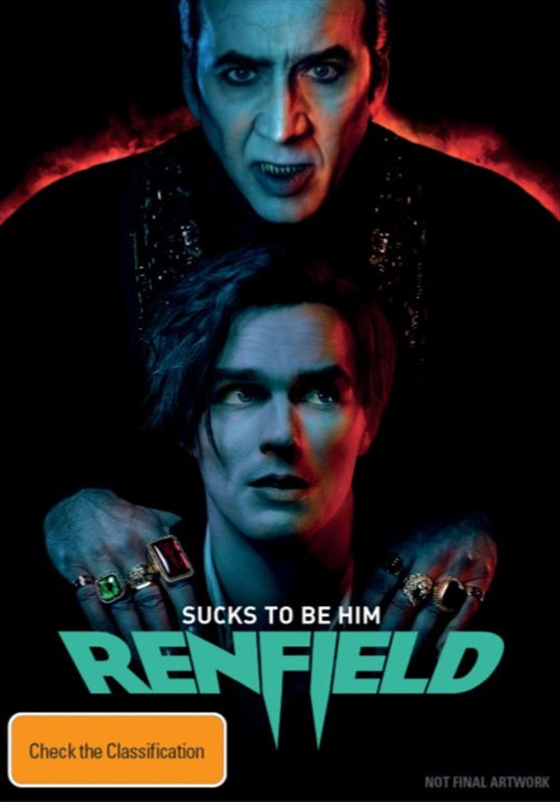 Renfield DVD cover featuring Nicholas Hoult and Nicolas Cage in a dramatic pose.