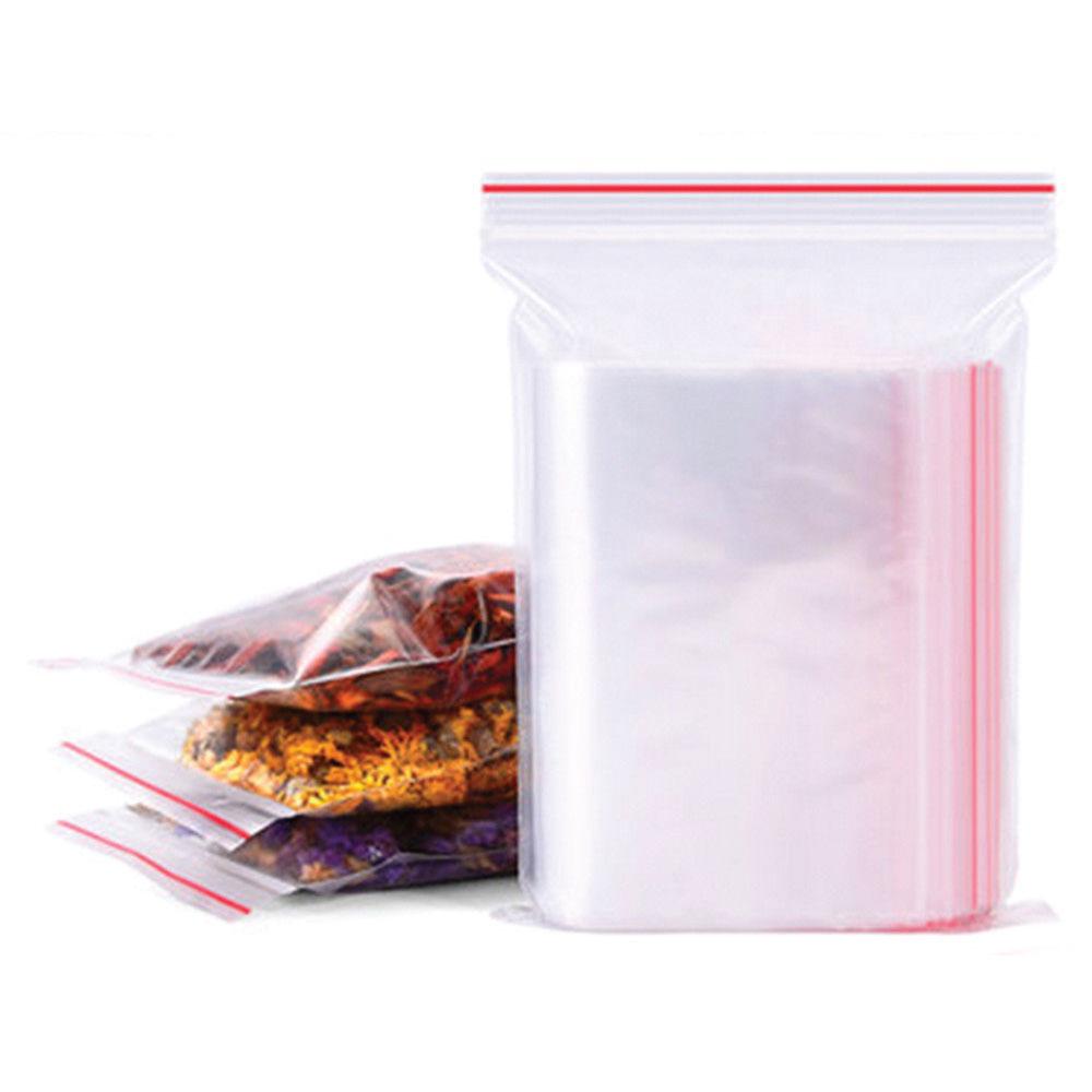 Clear resealable food grade plastic bags with zip close seal, available in various sizes for versatile storage solutions.