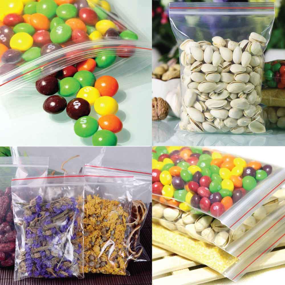 Clear resealable food grade plastic bags with zip close seal, available in various sizes for versatile storage solutions.