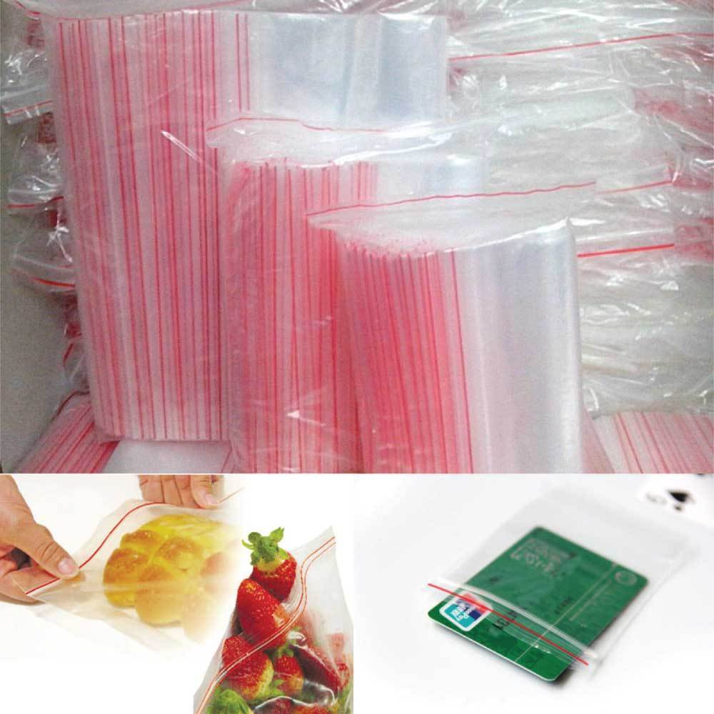Clear resealable food grade plastic bags with zip close seal, available in various sizes for versatile storage solutions.