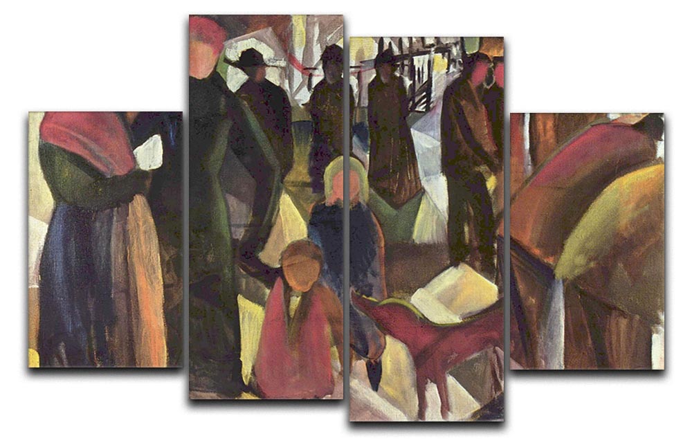 Resignation by Macke 4 Split Panel Canvas artwork displayed in a modern living room setting, showcasing vibrant colors and dynamic design.