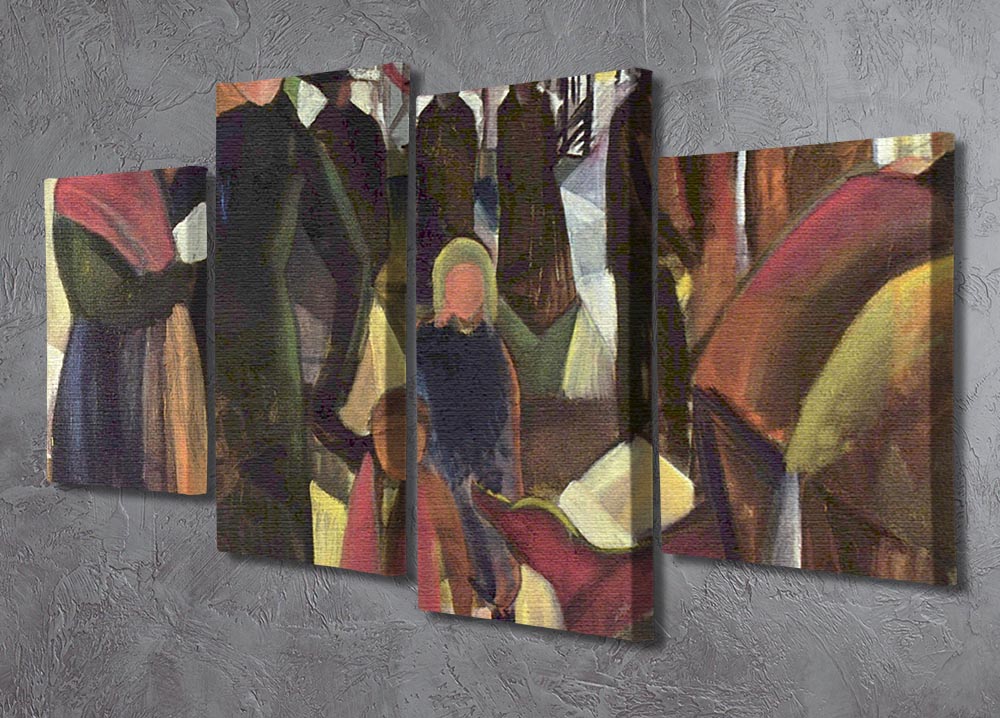 Resignation by Macke 4 Split Panel Canvas artwork displayed in a modern living room setting, showcasing vibrant colors and dynamic design.