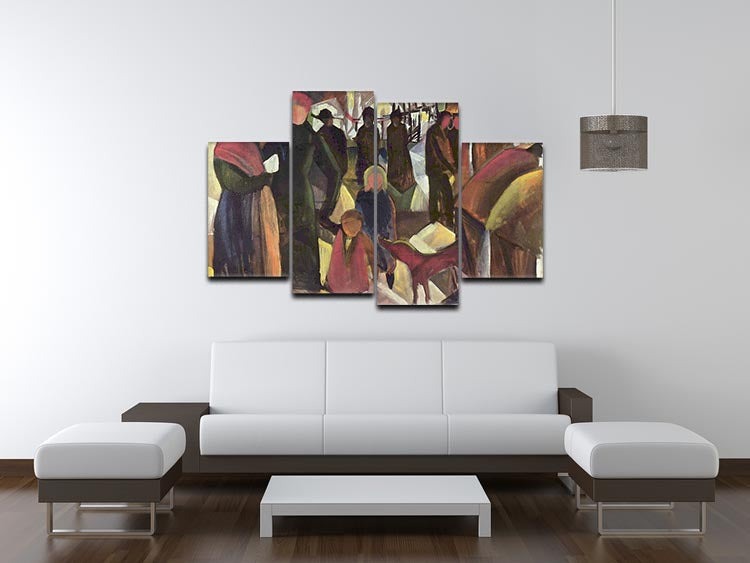 Resignation by Macke 4 Split Panel Canvas artwork displayed in a modern living room setting, showcasing vibrant colors and dynamic design.