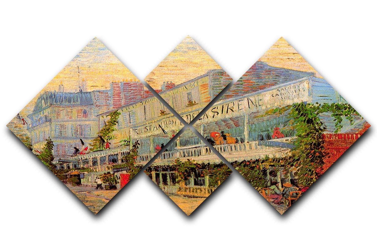 4-square multi panel artwork of Restaurant de la Sirene by Van Gogh, showcasing vibrant colors and intricate details.
