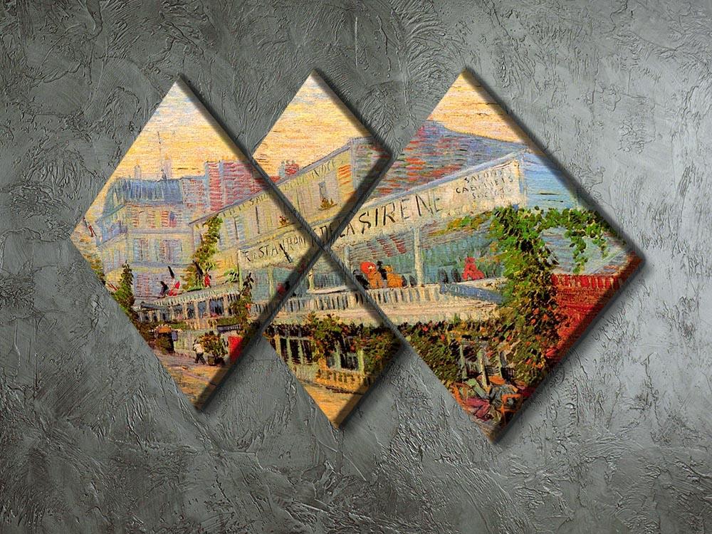 4-square multi panel artwork of Restaurant de la Sirene by Van Gogh, showcasing vibrant colors and intricate details.