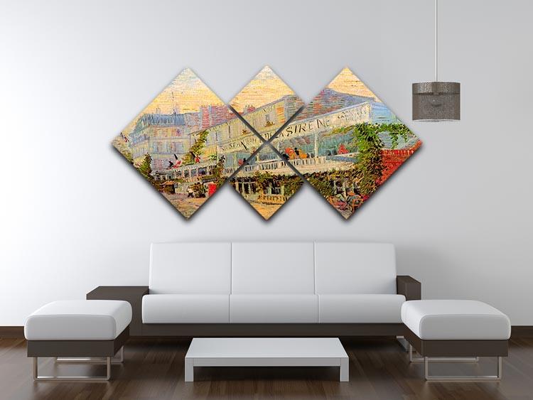 4-square multi panel artwork of Restaurant de la Sirene by Van Gogh, showcasing vibrant colors and intricate details.
