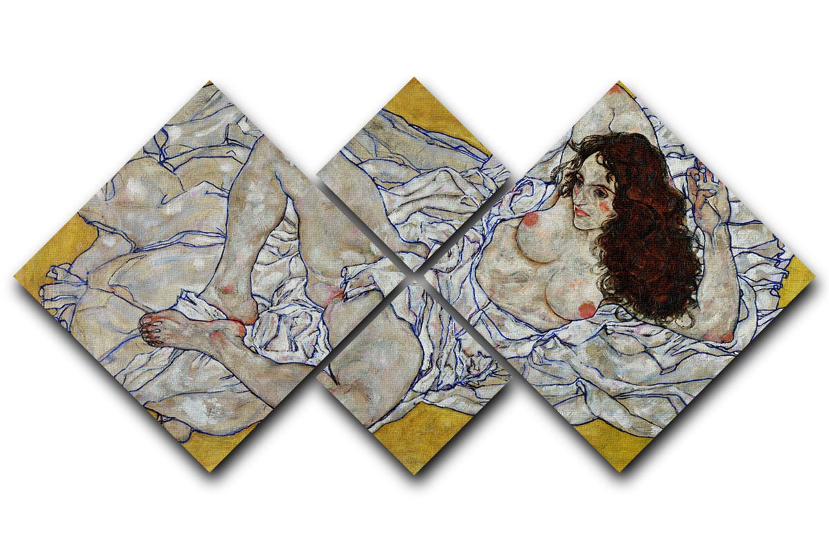 A 4-square multi-panel canvas featuring Egon Schiele's Resting Nude artwork, showcasing expressive lines and vibrant colors.