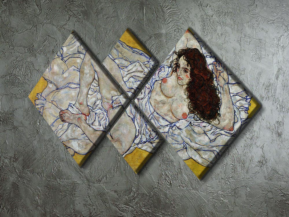 A 4-square multi-panel canvas featuring Egon Schiele's Resting Nude artwork, showcasing expressive lines and vibrant colors.