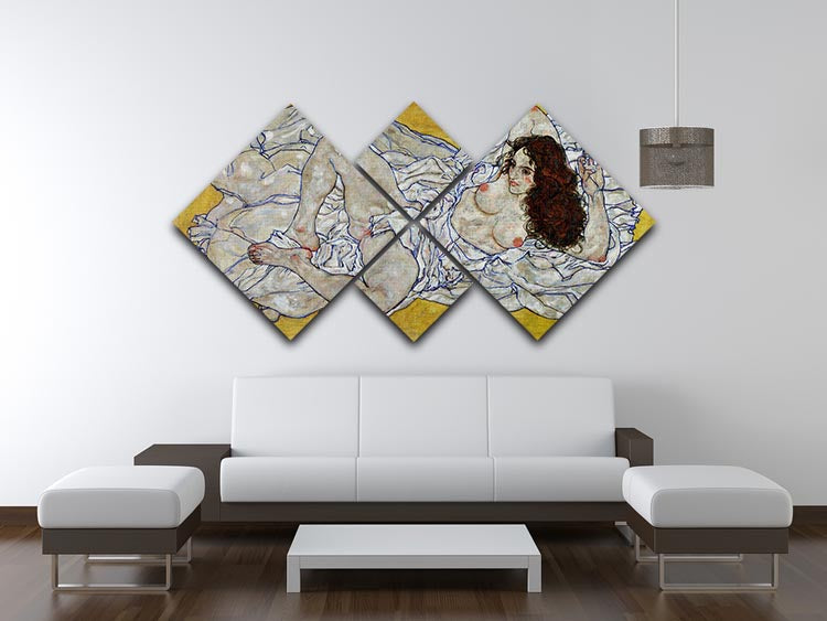 A 4-square multi-panel canvas featuring Egon Schiele's Resting Nude artwork, showcasing expressive lines and vibrant colors.