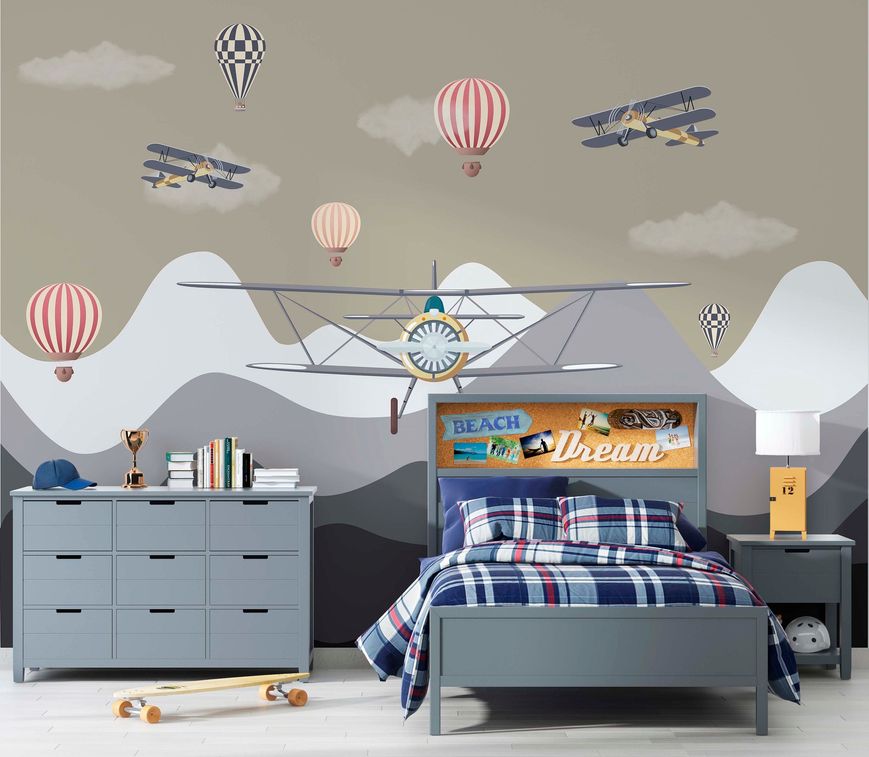 A vibrant wall mural featuring vintage airplanes, dreamy clouds, and colorful hot air balloons, perfect for a child's room.
