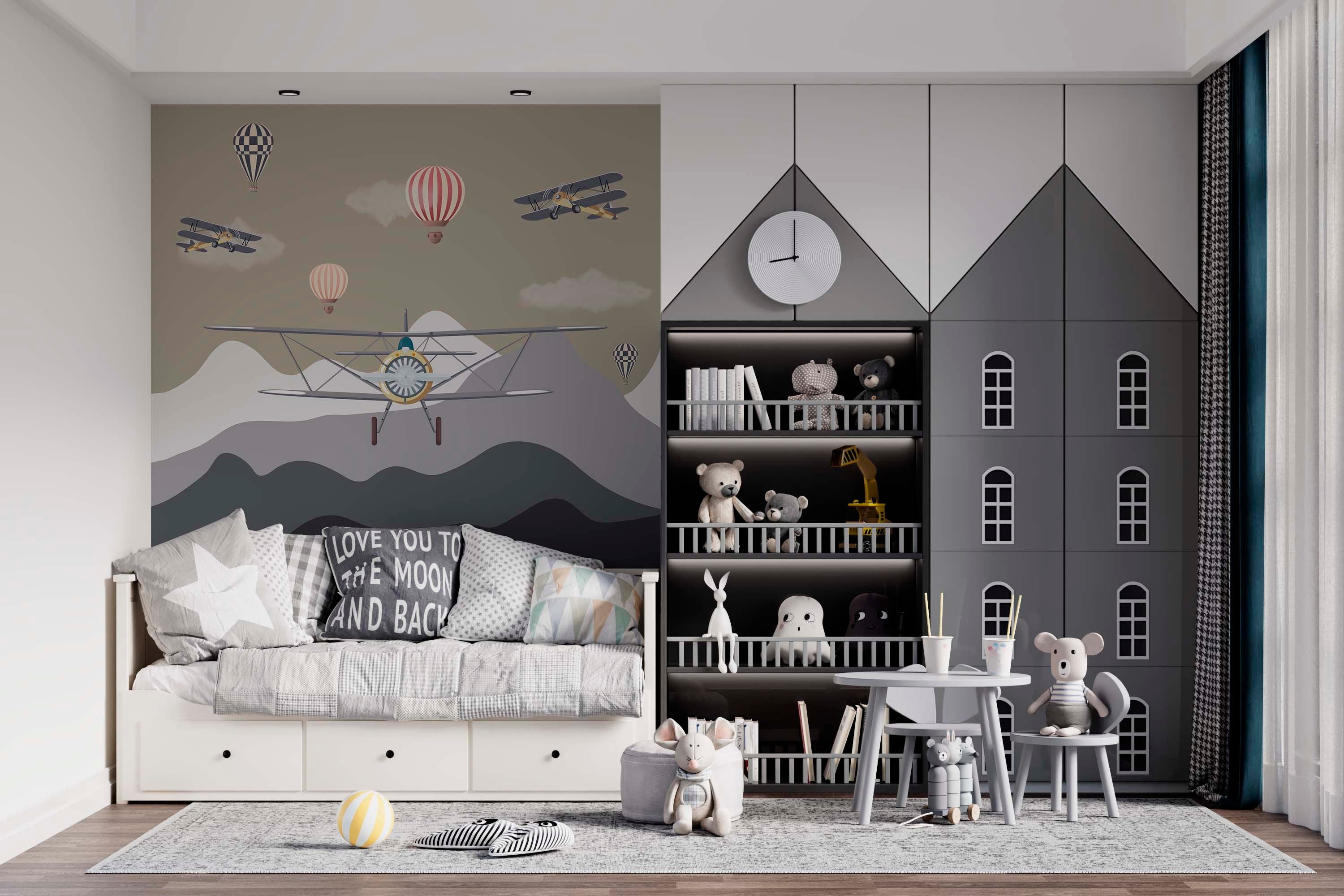 A vibrant wall mural featuring vintage airplanes, dreamy clouds, and colorful hot air balloons, perfect for a child's room.