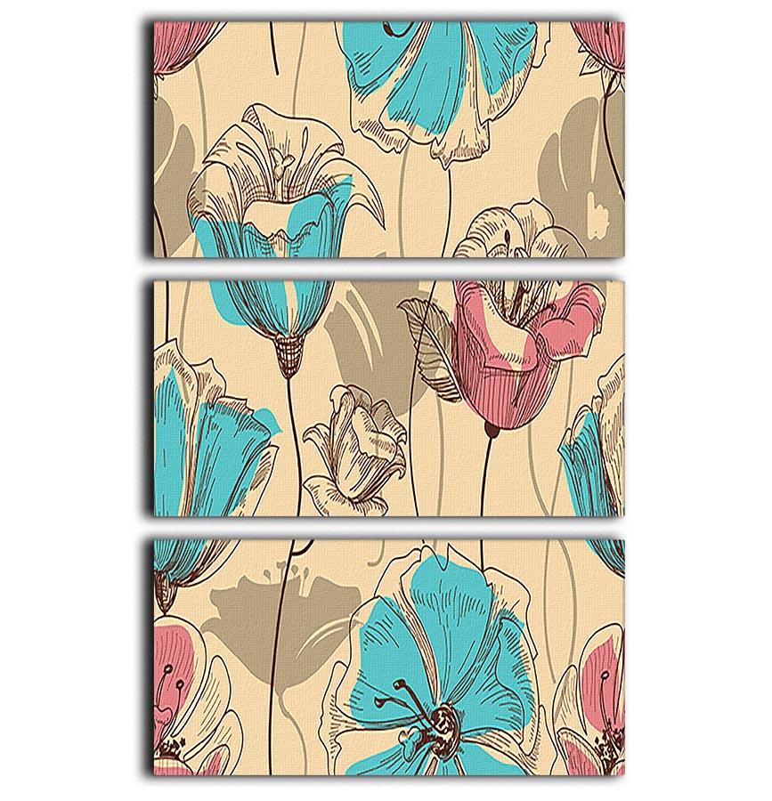 A beautiful retro floral seamless pattern displayed on a 3-panel canvas print, showcasing vibrant colors and intricate floral designs.