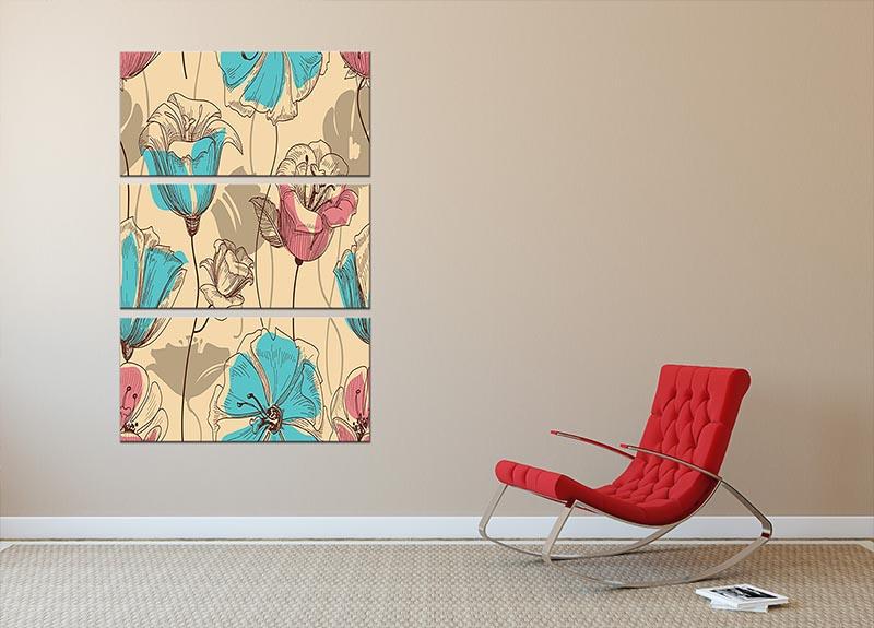 A beautiful retro floral seamless pattern displayed on a 3-panel canvas print, showcasing vibrant colors and intricate floral designs.