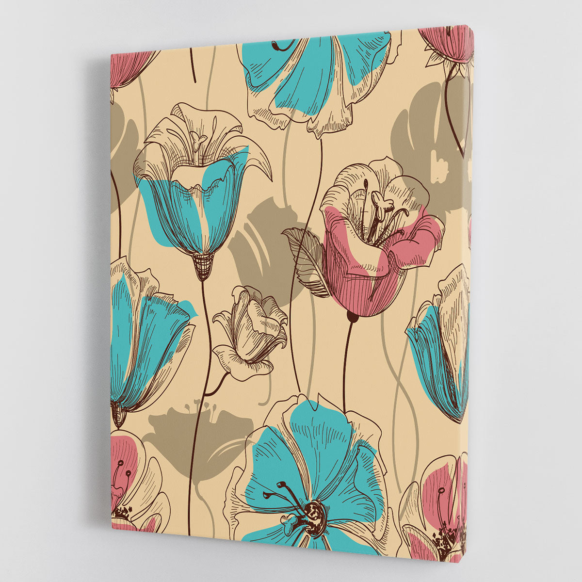 A vibrant retro floral seamless pattern canvas print showcasing colorful flowers and leaves, perfect for home or office decor.