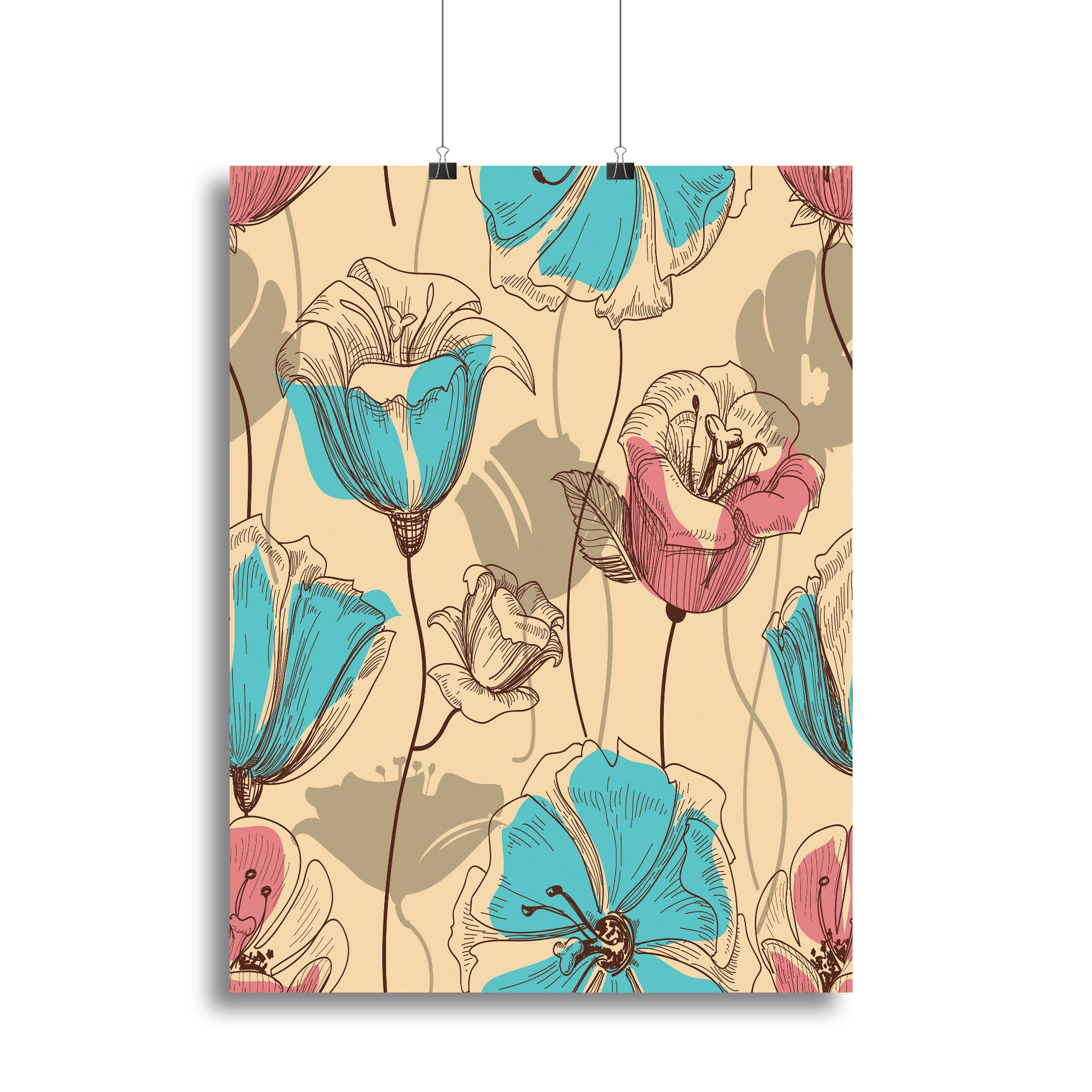 A vibrant retro floral seamless pattern canvas print showcasing colorful flowers and leaves, perfect for home or office decor.