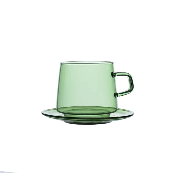 A stylish Retro Glass Mug Set featuring high borosilicate glass, perfect for coffee and tea, showcasing its clear and elegant design.