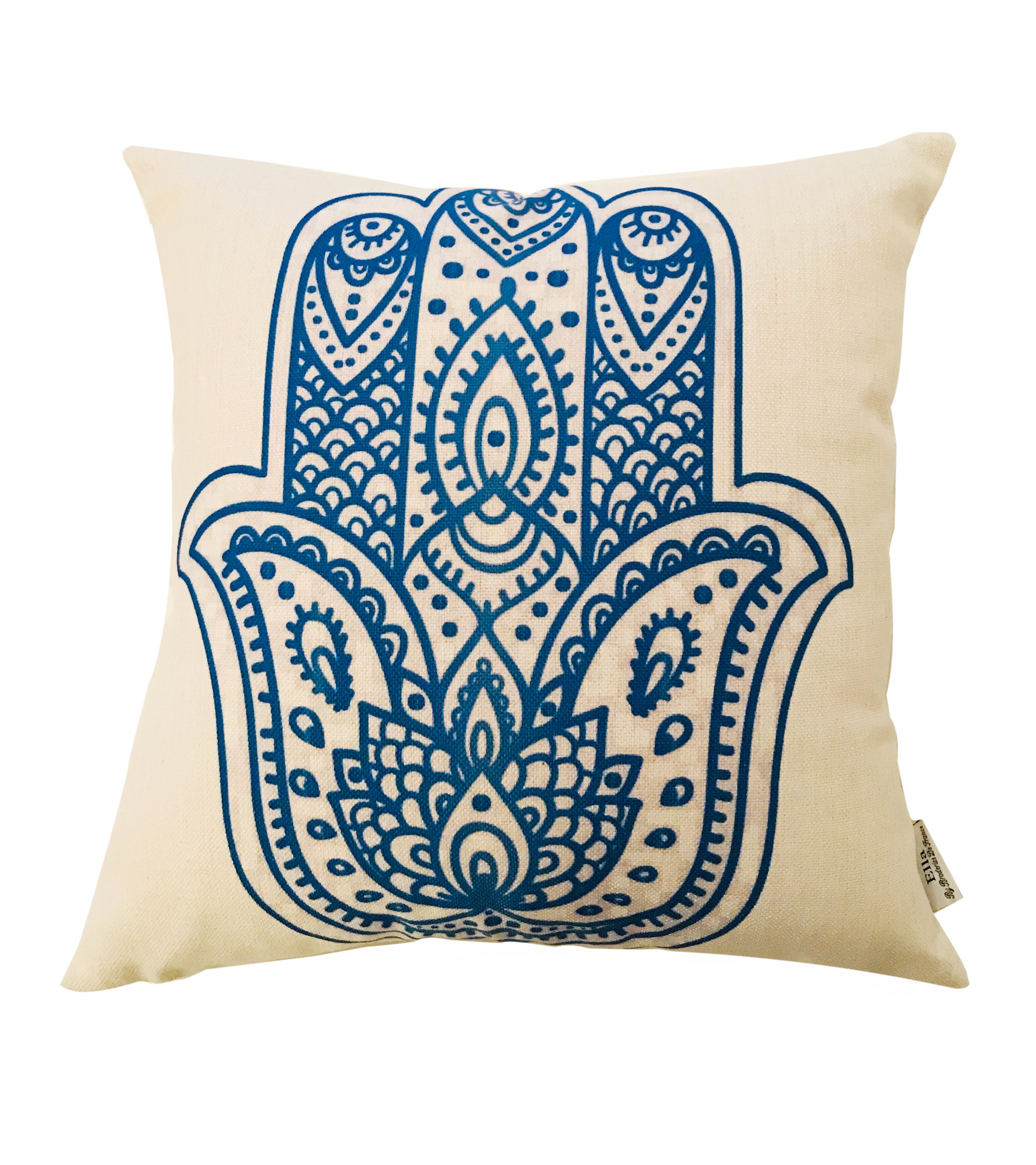 A stylish Retro Hamsa Cushion Cover featuring a vibrant Hamsa design on the front, made from durable cotton linen, perfect for home decor.