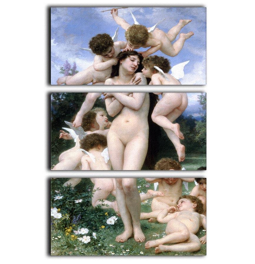 Three-panel canvas print of Bouguereau's Return of Spring, showcasing vibrant colors and intricate details.