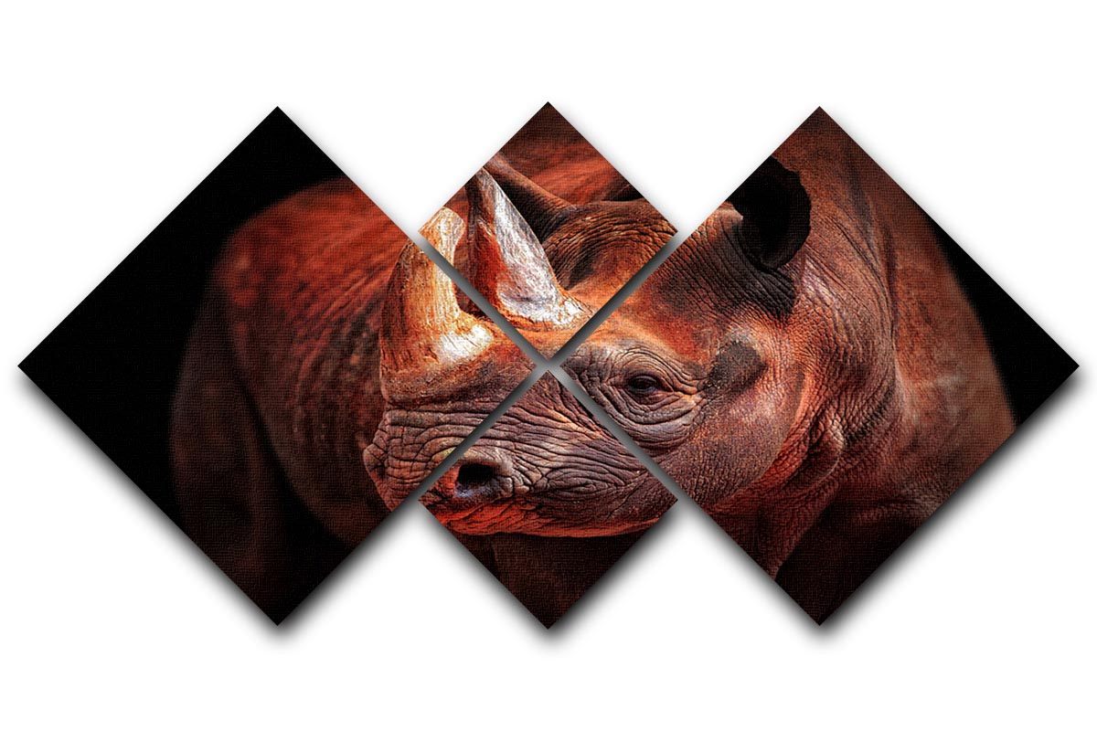 Rhino Posing 4 Square Multi Panel Canvas artwork featuring a majestic rhino in a striking pose, divided into four equal panels.