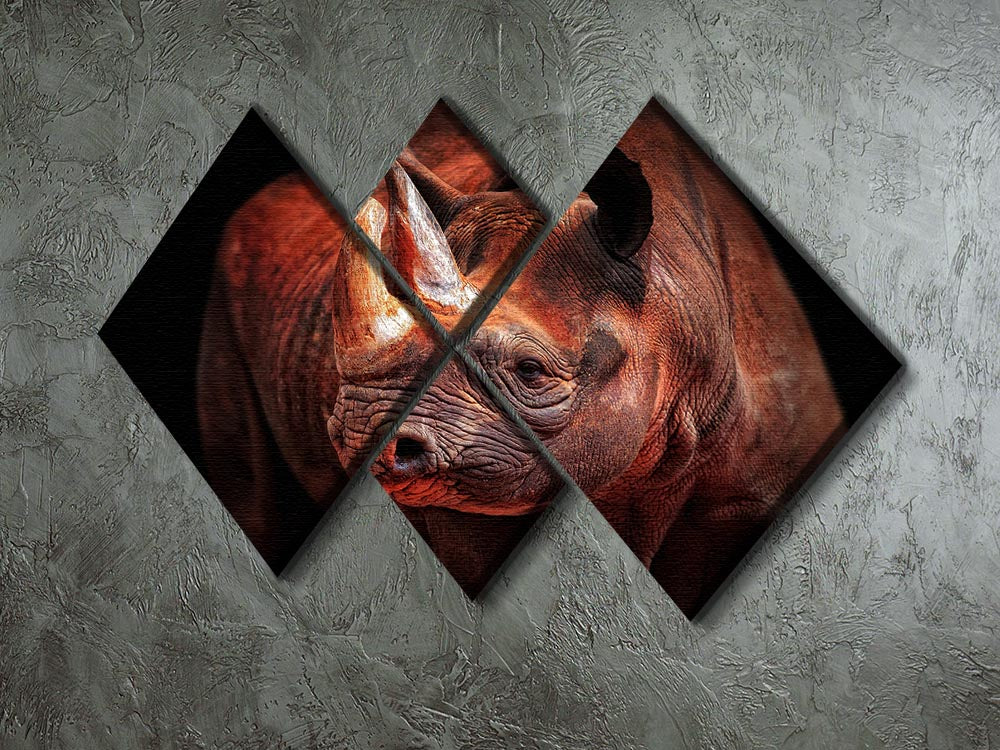 Rhino Posing 4 Square Multi Panel Canvas artwork featuring a majestic rhino in a striking pose, divided into four equal panels.