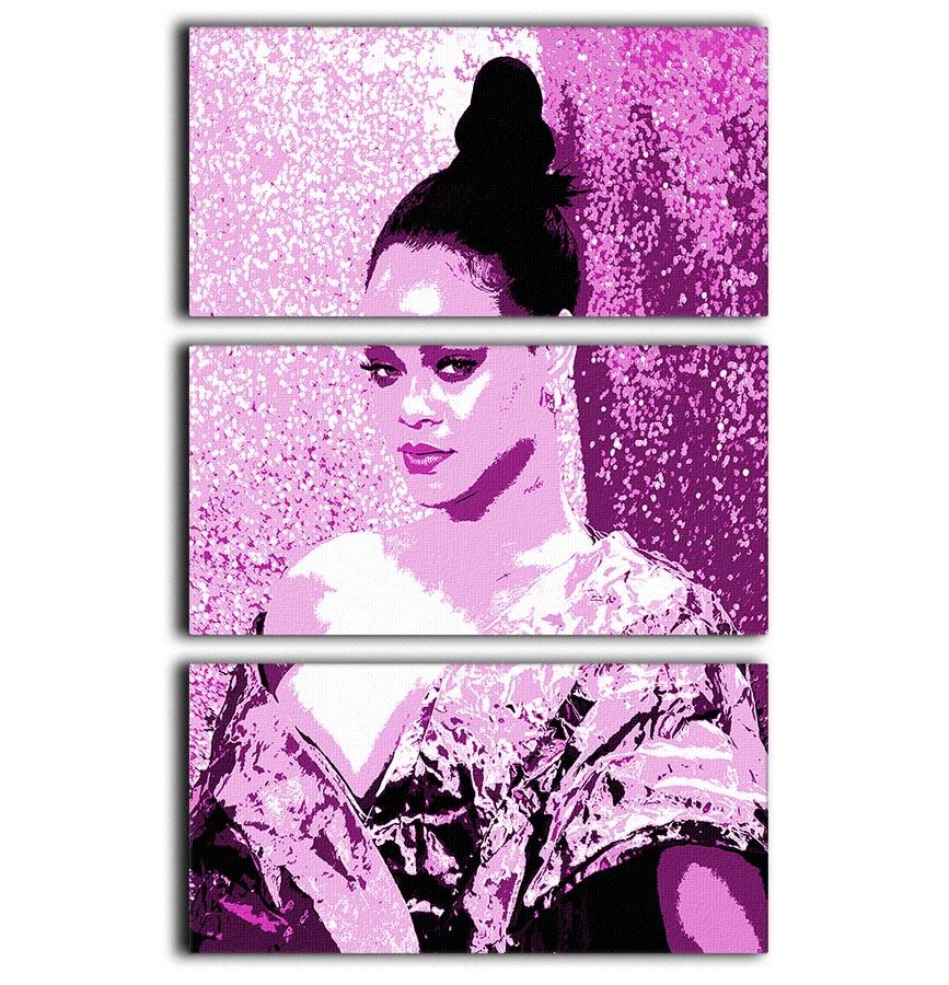 Rihanna Purple Pop Art 3 Split Panel Canvas Print featuring vibrant purple hues and modern design, perfect for stylish decor.