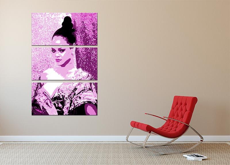 Rihanna Purple Pop Art 3 Split Panel Canvas Print featuring vibrant purple hues and modern design, perfect for stylish decor.
