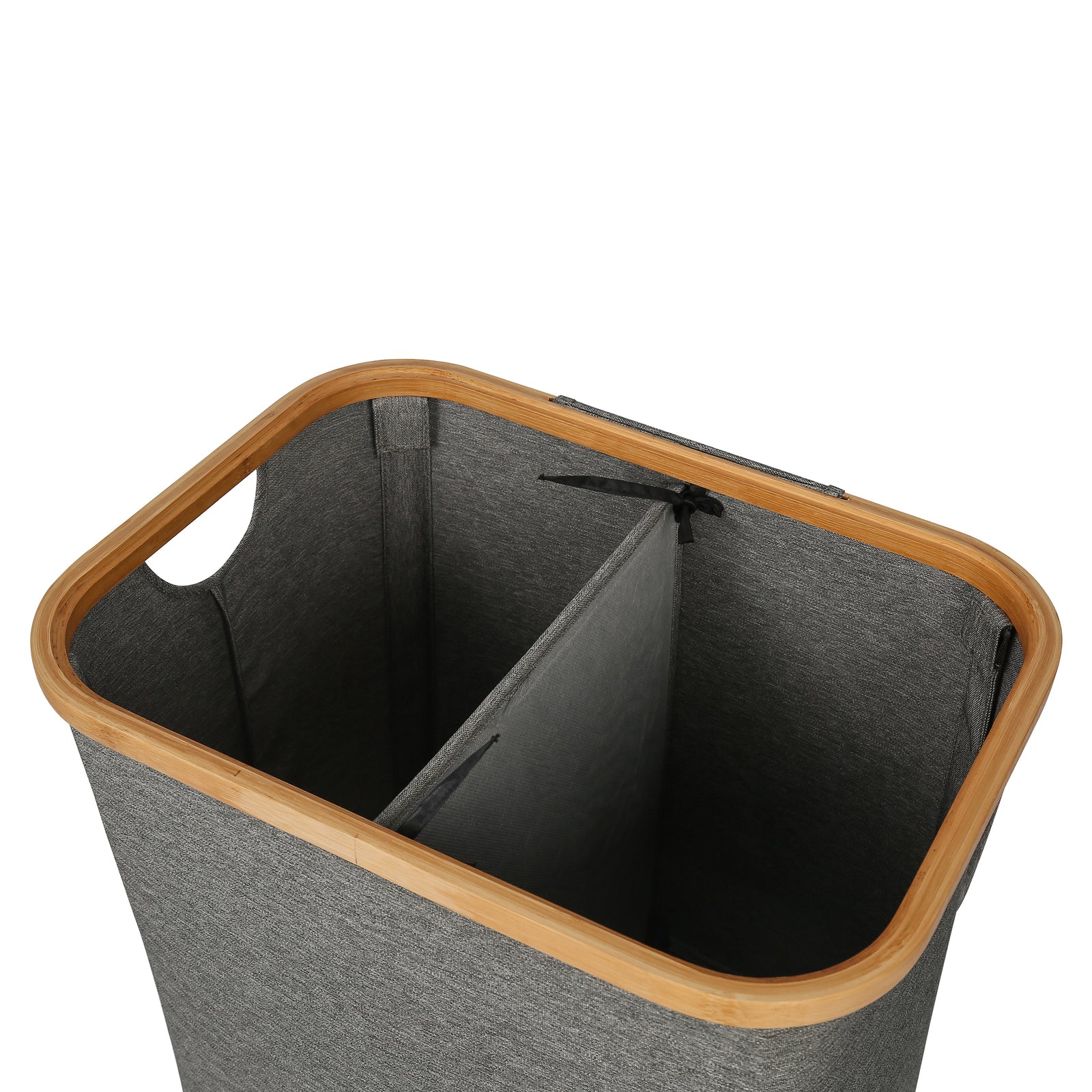 Ringle Bamboo Twin Laundry Hamper with two fabric baskets and a sturdy bamboo frame, perfect for organizing clothes and accessories.
