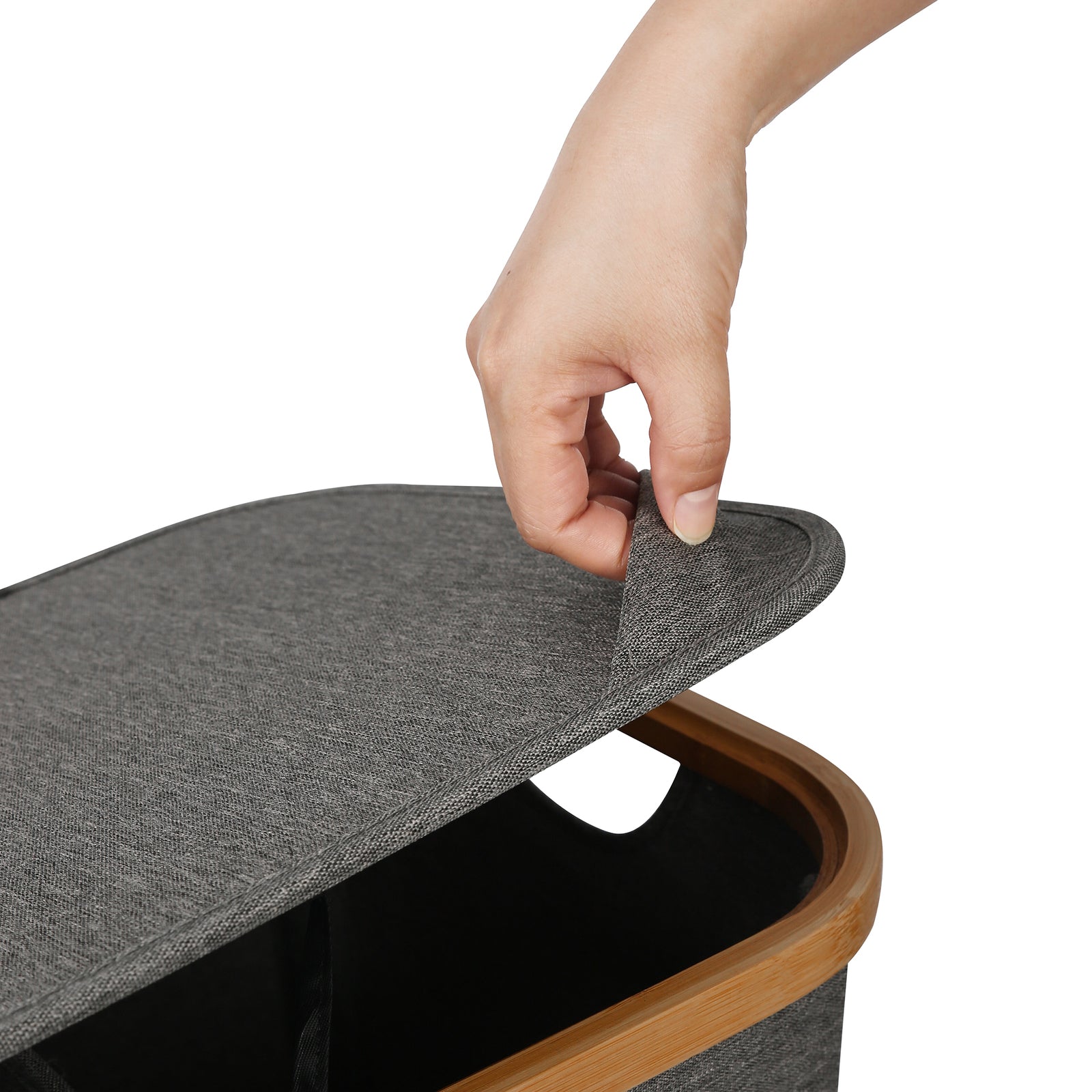 Ringle Bamboo Twin Laundry Hamper with two fabric baskets and a sturdy bamboo frame, perfect for organizing clothes and accessories.