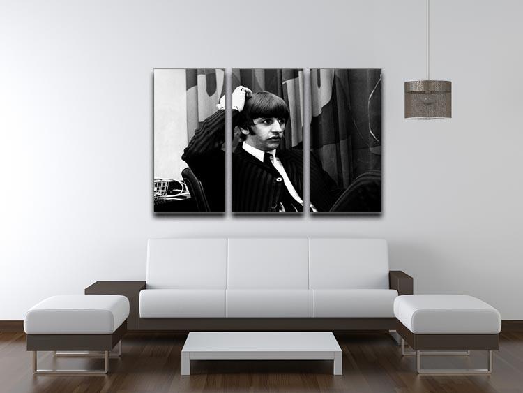 A stunning 3-panel canvas print featuring Ringo Starr at a press conference, showcasing vibrant colors and intricate details.