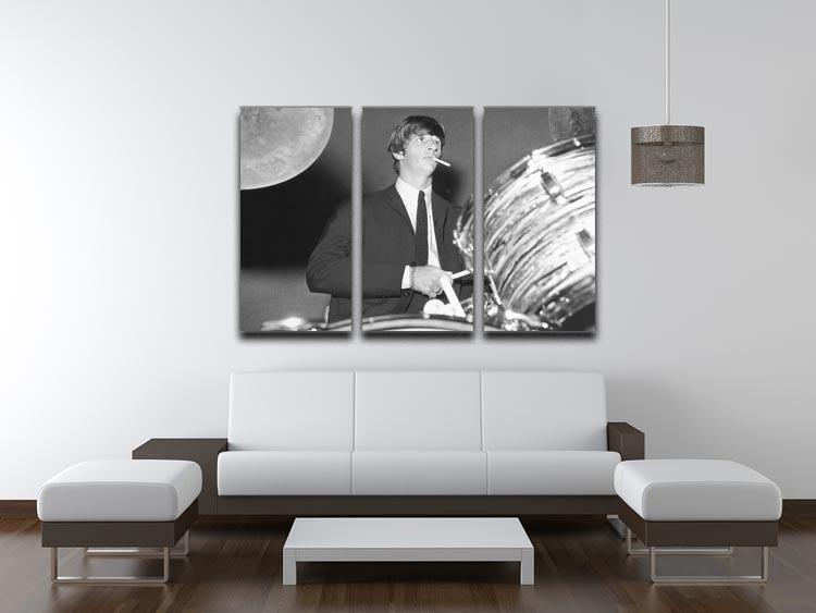 A stunning 3-panel canvas print featuring Ringo Starr playing the drums, showcasing vibrant colors and dynamic imagery.