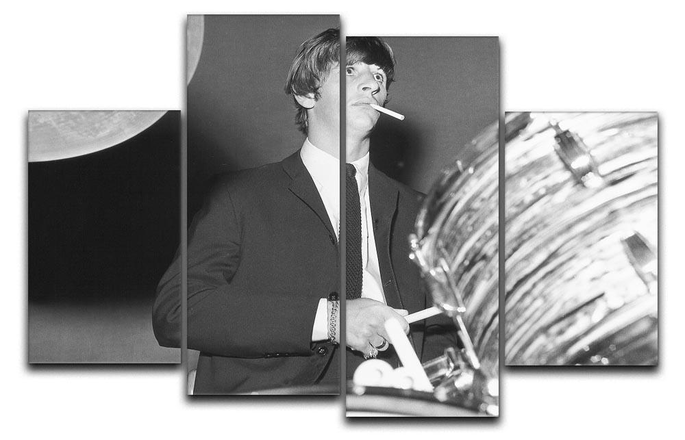 A vibrant 4-split canvas artwork featuring Ringo Starr energetically playing the drums, showcasing dynamic colors and movement.