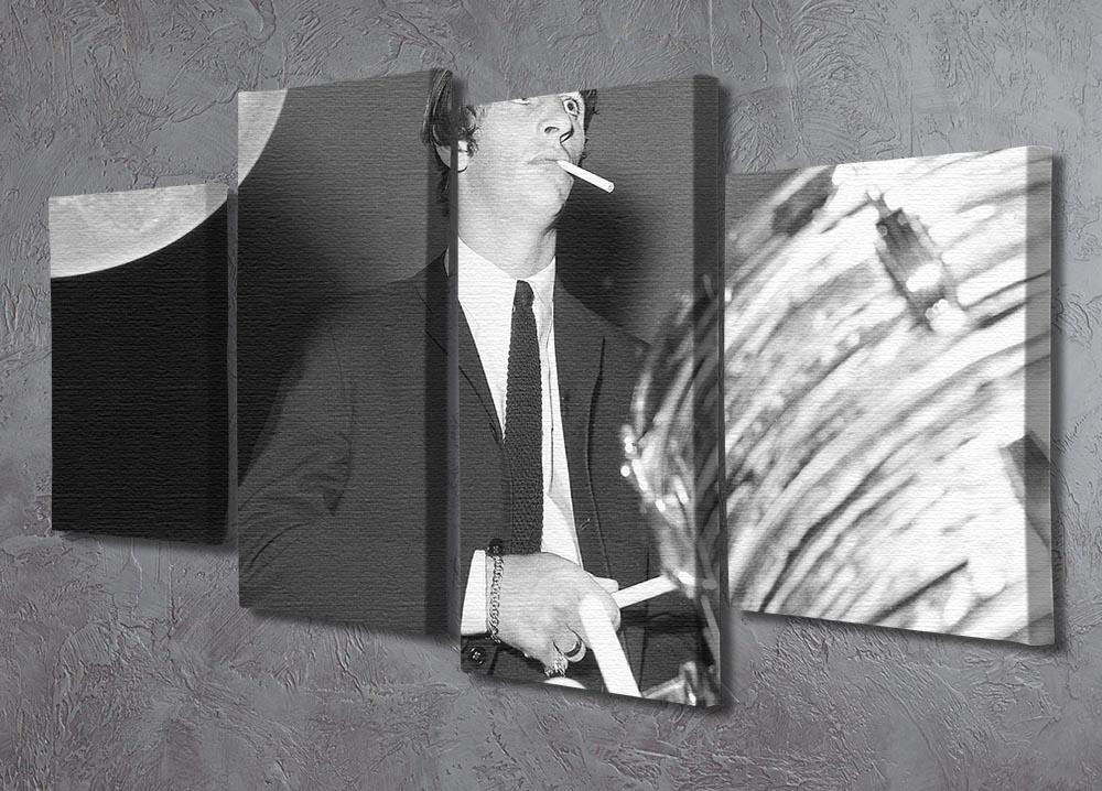 A vibrant 4-split canvas artwork featuring Ringo Starr energetically playing the drums, showcasing dynamic colors and movement.