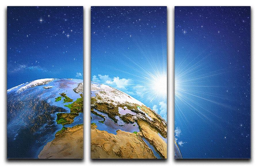 A beautiful 3-panel canvas print depicting the rising sun over Earth, showcasing diverse landforms in vibrant colors.