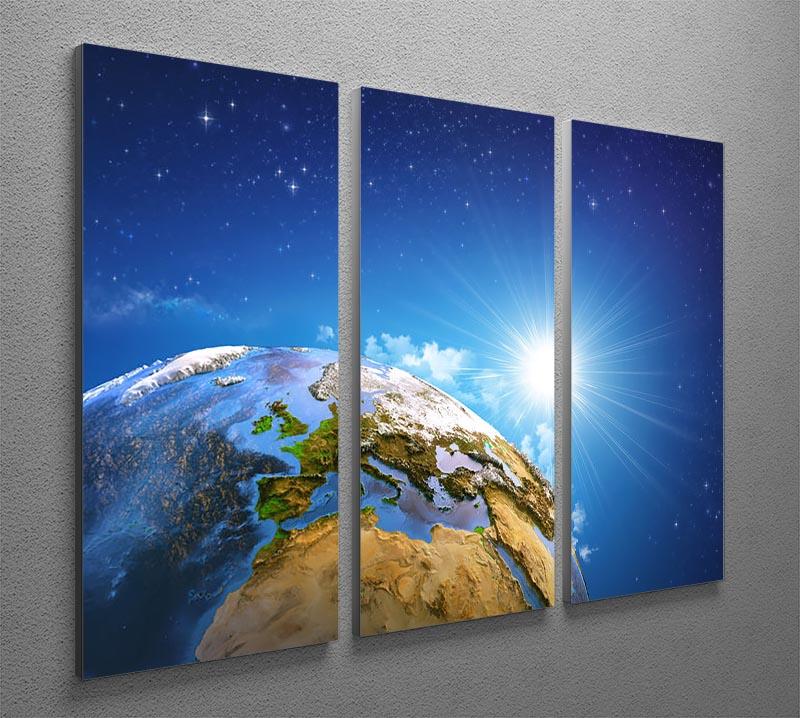 A beautiful 3-panel canvas print depicting the rising sun over Earth, showcasing diverse landforms in vibrant colors.