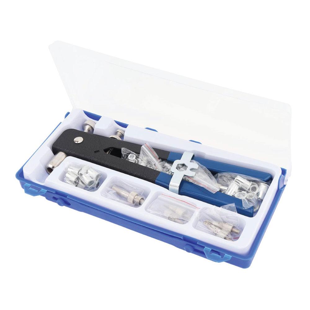 106 Piece Rivet Kit including nut rivet gun, assorted mandrels, threaded nuts, wrench, and storage case.