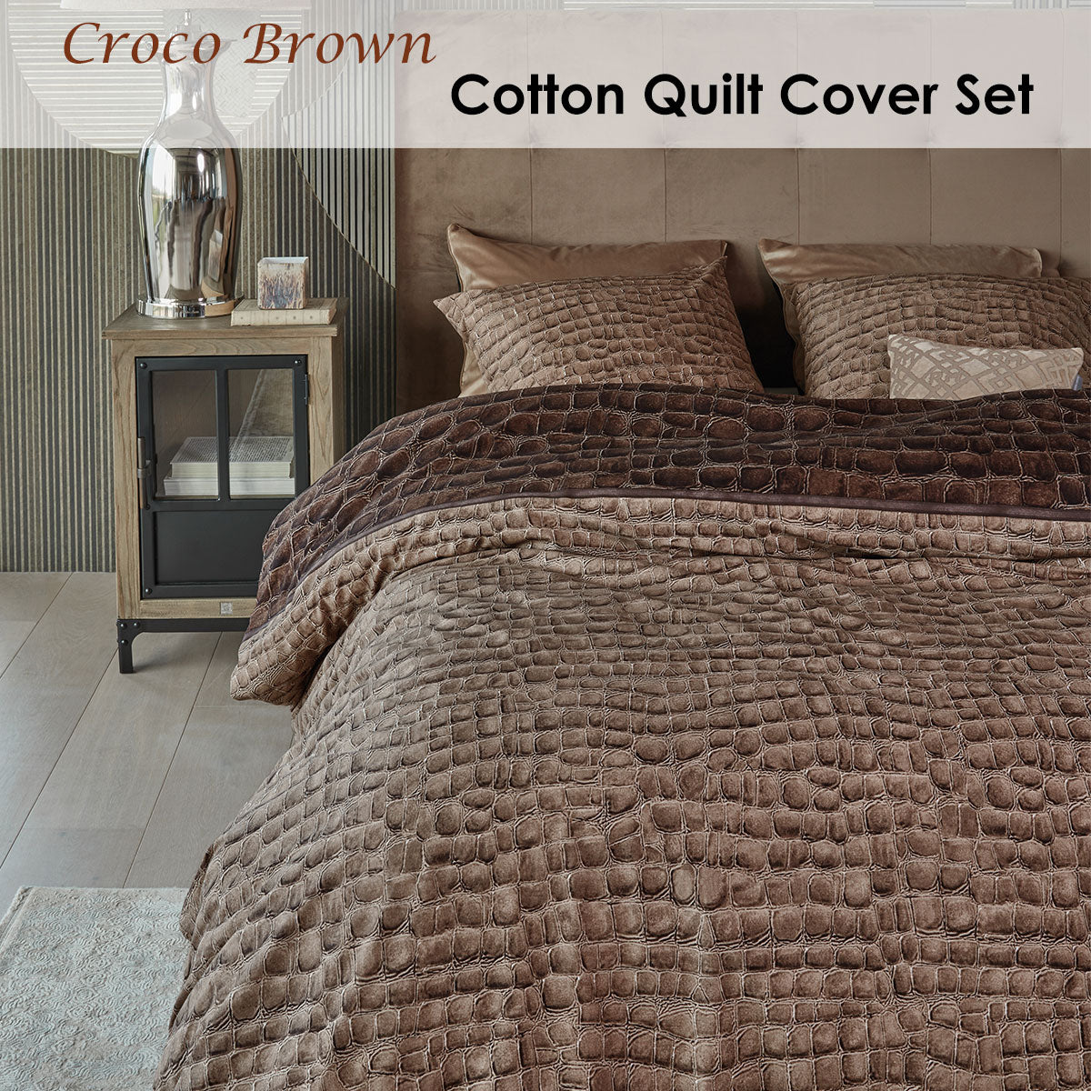 Riviera Maison Croco Brown Cotton Quilt Cover Set King featuring crocodile skin print design with quilt cover and pillowcases.